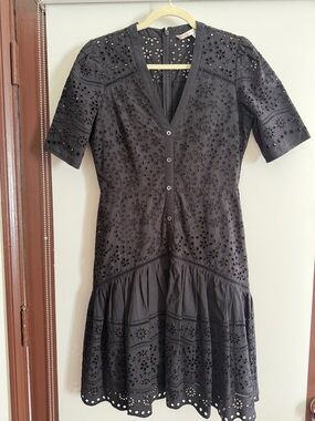 Veronica Beard Black Eyelet V-Neck Midi Dress